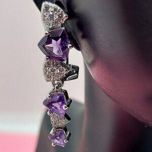 Natural Amethyst 6mm &‎ CZ 14K White Gold Plate on 925 Sterling Silver Earrings